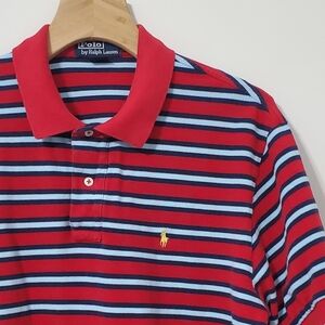 POLO Ralph Lauren Red Blue Striped Cotton Pique Polo Shirt Mens XL